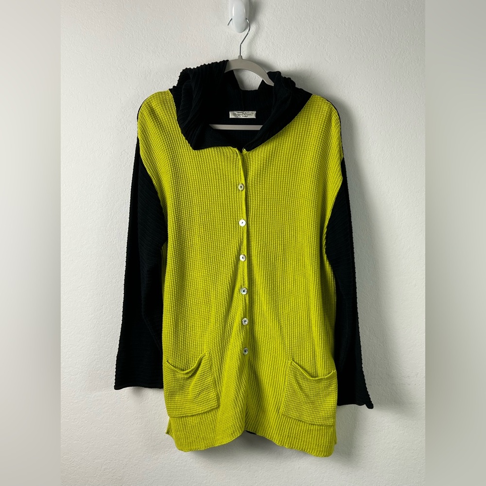 Margaret Winters Black Lime Green Cotton Hoodie Cardigan Fall Winter Office